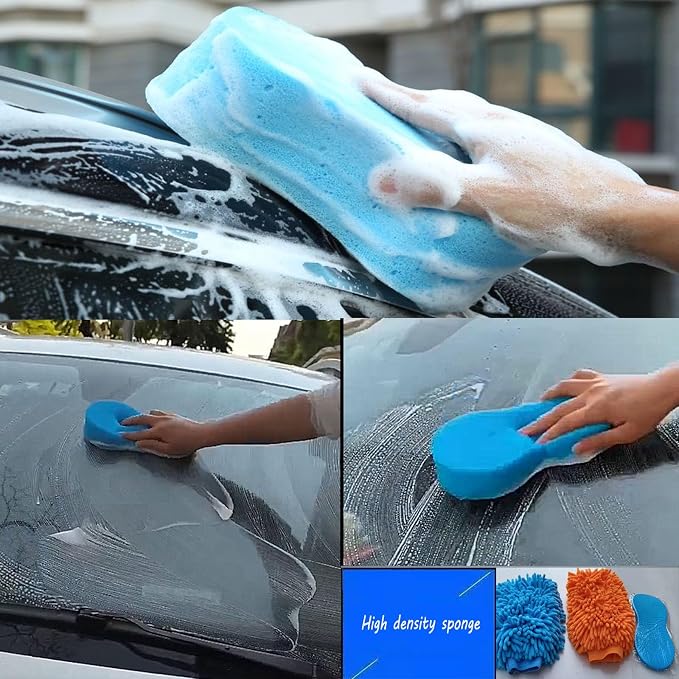 3PCS Car Wash Kit with 2 Premium Soft Microfiber Chenille & Plush Wash Mitts + High-Density Sponge, Scratch-Free Cleaning for Cars/Home/window/mirror/bathroom – Durable&Absorbent& Multi-Purpose (3)