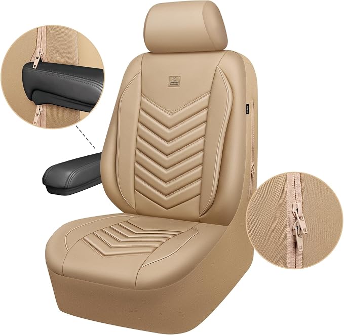 CAR PASS 3D Foam Faux Leather Seat Covers Full Set,Waterproof Tan Leather Seat Cover for Cars,Luxury Universal Fit Anti-Slip for SUV Truck Sedan Automotive,Armrest Airbag Compatible,All Beige