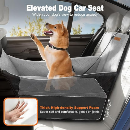Elevated Dog Car Seat, Dog Booster Car Seats for Small & Medium Breeds Up to 35lbs, Fully Detachable and Washable, Soft Foam Pet Carseat with 2 Storage Pockets & 3 Safety Belts, Black & Gray