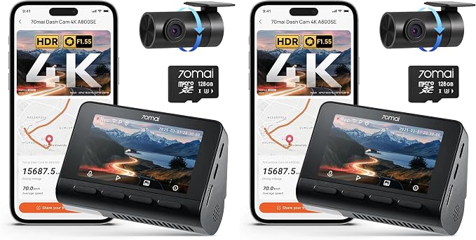 70mai 4K Dash Cam Front and Rear, Built in Wi-Fi 6 & GPS Car Camera, Super Night Vision, ADAS, 3'' IPS Screen, 24H Parking Mode, Time-Lapse, Loop Recording, with 128GB Card (A800SE) (Pack of 2)