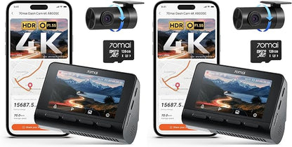 70mai 4K Dash Cam Front and Rear, Built in Wi-Fi 6 & GPS Car Camera, Super Night Vision, ADAS, 3'' IPS Screen, 24H Parking Mode, Time-Lapse, Loop Recording, with 128GB Card (A800SE) (Pack of 2)
