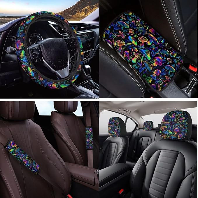 Trippy Mushroom Car Seat Covers Full Set with Steering Wheel Cover Armrest Cushion Protector Seat Belt Covers,Auto Accessories Universal Fit Cars SUV Trucks 14 Pcs