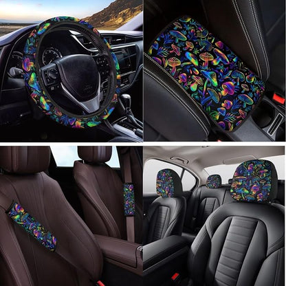 Trippy Mushroom Car Seat Covers Full Set with Steering Wheel Cover Armrest Cushion Protector Seat Belt Covers,Auto Accessories Universal Fit Cars SUV Trucks 14 Pcs
