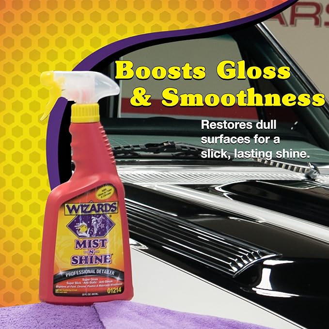 Wizards Mist-N-Shine Professional Car Detailing Spray - Quick Detailer Spray for Cars, Show-Car Gloss, Streak-Free Finish on Paint, Chrome, Glass and Plastic Trim, Wax-Free Formula - 22 oz
