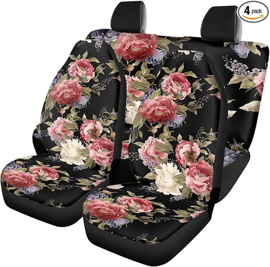 Dark Vintage Floral Print Car Seat Covers Full Set,Watercolor Flower Pattern with Peonies Vehicle Front Rear Bench Cushion Protectors Auto Interior Accessories Universal Fit for Trucks Sedans