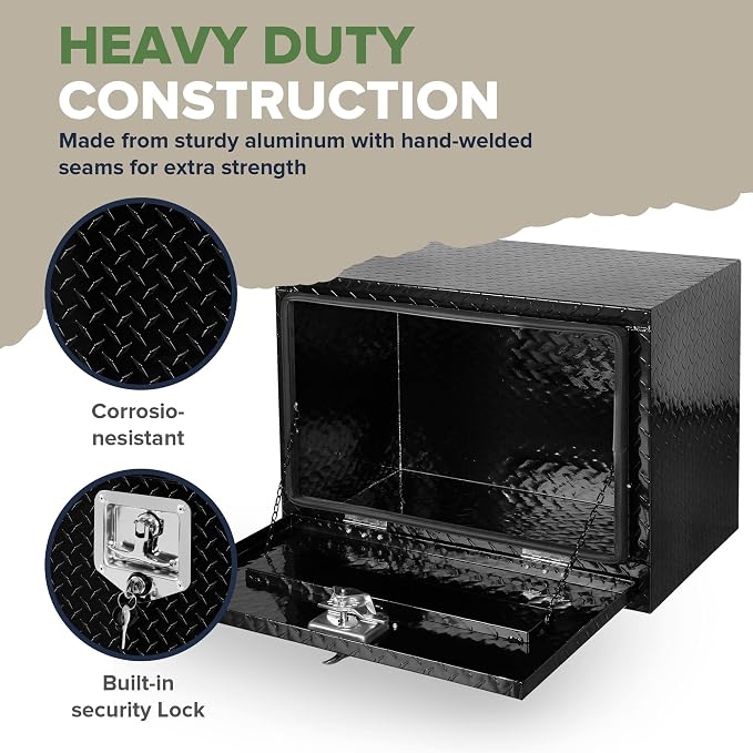 ARKSEN 24 x 17 x 18 Inch Underbody Tool Box, Heavy Duty Aluminum Diamond Plate Waterproof Square Storage Organizer Chest with T-Handle Lock & Keys for Pickup Truck, RV & Trailer – Black