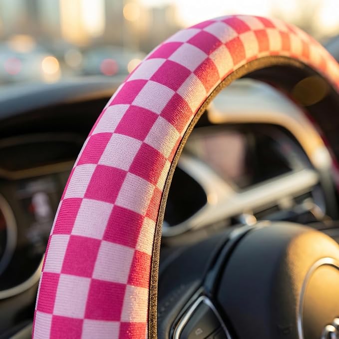 Pink Checkered Steering Wheel Cover Checkered hot Pink Steering Wheel Cover of Wome Anti-Slip Breathable Universal 14-15 Inch Car with 2 Pcs Car Coasters Suitable Men Women