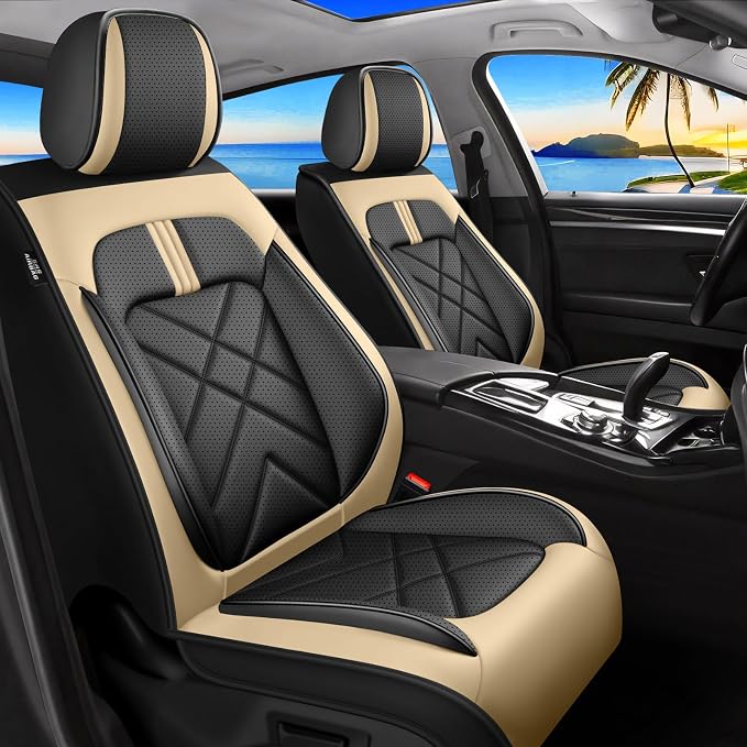 Suburban Seat Covers Fit for Chevrolet/Chevy Suburban 2007-2026, Full Coverage Leather Waterproof Breathable Seat Covers, Automotive Seat Protectors, Airbag Compatible, Front Seats Black Beige