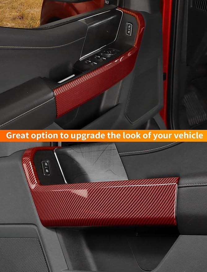 Savadicar Red Carbon Fiber Interior Accessories - Front Door Handles Trim Cover for Ford F150 (2021-present) - Premium Texture Interior Decor Upgrade Kit, 2-Piece Set