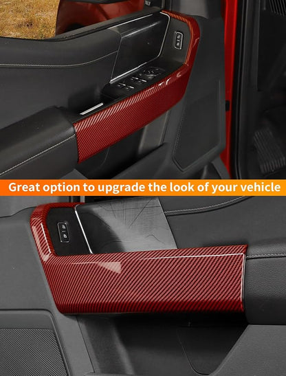 Savadicar Red Carbon Fiber Interior Accessories - Front Door Handles Trim Cover for Ford F150 (2021-present) - Premium Texture Interior Decor Upgrade Kit, 2-Piece Set