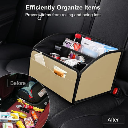 Car Storage Organizer [2025 UPDATED] Leather Car Caddy Basket for Front Seat Floor Back Seats Metal Handle 6 Compartments Adjustable Strap Buckles Slip-Resistant (Beige)