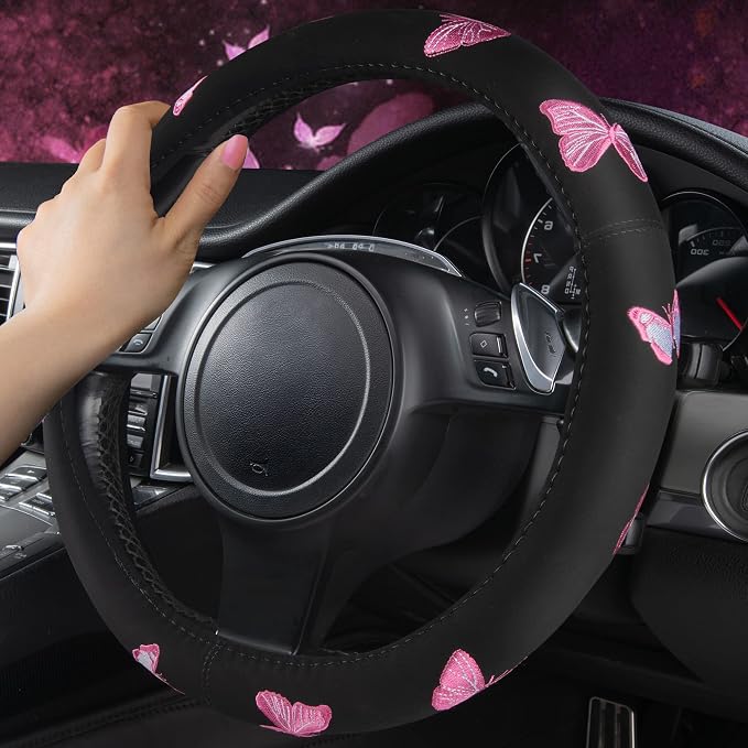 Car Pass Pink Embroidery Butterfly Steering Wheel Cover, Universal 15 Inch Car Wheel Cover for Women Girls, Fit for Suvs,Small Trucks,Sedans,Cars (Black and Pink)