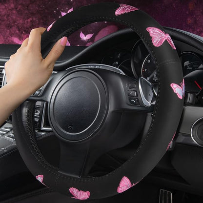 Car Pass Pink Embroidery Butterfly Steering Wheel Cover, Universal 15 Inch Car Wheel Cover for Women Girls, Fit for Suvs,Small Trucks,Sedans,Cars (Black and Pink)
