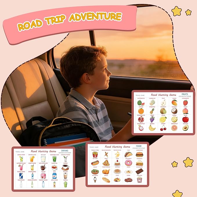 Road Trip Adventure Travel Scavenger Hunt Game | Road Hunting Card Game, Occupations Theme, Drinks Theme, Fruits Theme