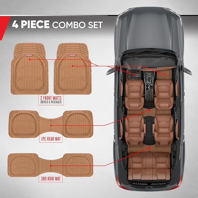 Motor Trend Original FlexTough Beige Rubber Car Floor Mats for 3 Row Vehicles, Front & Rear 2nd Row Deep Dish All Weather Automotive Heavy Duty Trim to Fit, Automotive Liners for Cars Truck Van SUV