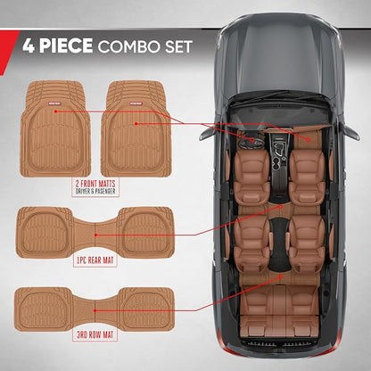 Motor Trend Original FlexTough Beige Rubber Car Floor Mats for 3 Row Vehicles, Front & Rear 2nd Row Deep Dish All Weather Automotive Heavy Duty Trim to Fit, Automotive Liners for Cars Truck Van SUV