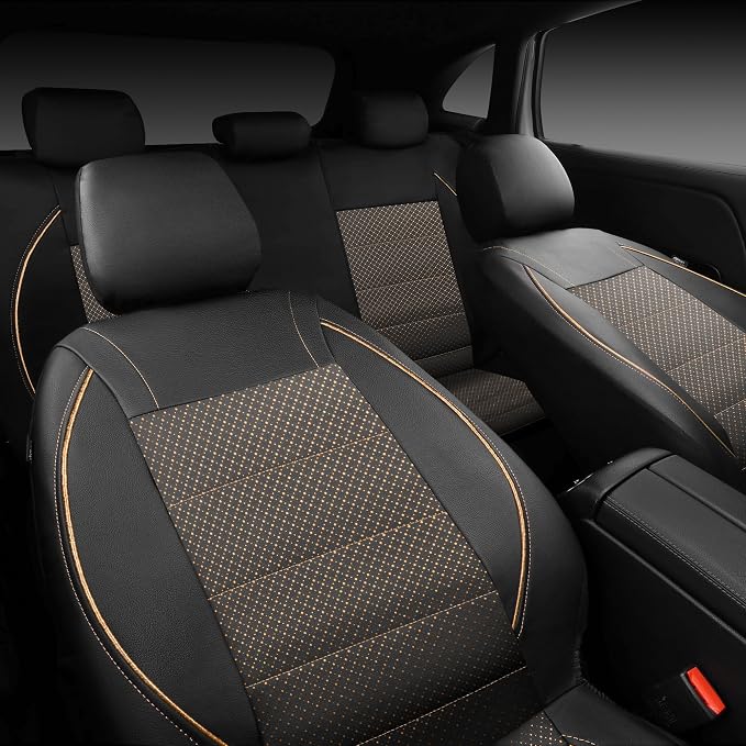 CAR PASS Piping PU Leather Car Seat Cover Full Set,Inside Zipper Design and Reserved Opening Holes,Airbag Compatible,Universal FIT for Car, SUVs,Van,Small Trucks（Full Set, Black & Gold）