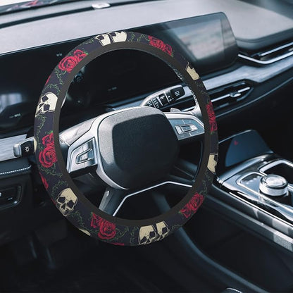 Car Steering Wheel Cover, 14.5"-15" Inch Universal Anti-Slip DurableSteering Wheel Protective Cover, Breathable Auto Interior Decoration Accessories for Sedan SUV Truck (Roses and Skulls)