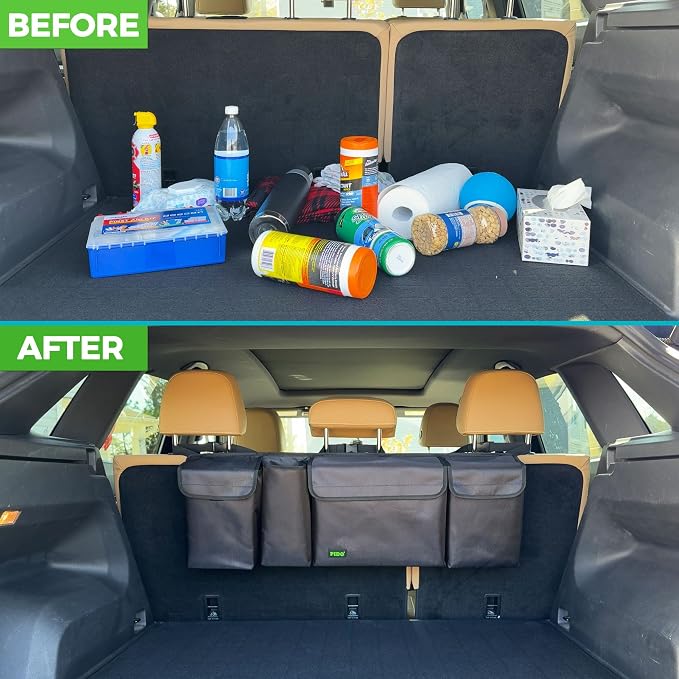 PIDO Hanging Trunk Organizer, Backseat Trunk Organizer for SUV, Hanging Car Storage Bag with Large Pockets for Sedan, Truck, Van, Upgraded Premium 1680D Oxford, Space Saving Car Interior Accessory