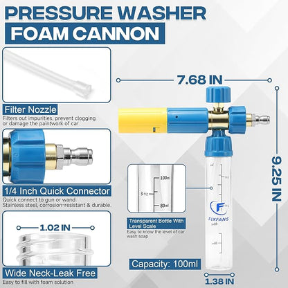FIXFANS Pressure Washer Gun with Mini Foam Cannon, Dual Connector Accessory, Car Wash Foam Gun Kit - No-Dilution Foam Cannon Pro 100ML, 5 Power Washer Nozzle Tips & M22 Adapter, 1/4" Quick Connect