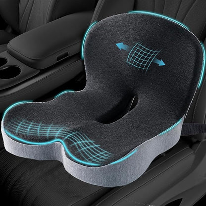 Car Seat Cushion, Memory Foam Driving Cushion with Adjustable Strap, Ergonomic Pad for Car & Semi Truck, Office Chair Cushion for Sciatica & Lower Back Pain Relief, Light Gray & Dark Gray