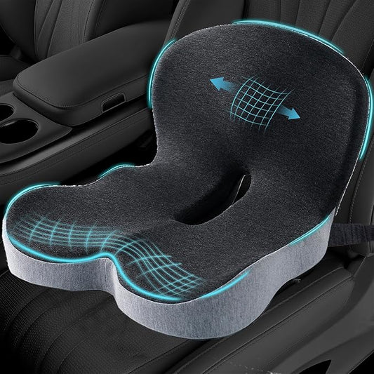 Car Seat Cushion, Memory Foam Driving Cushion with Adjustable Strap, Ergonomic Pad for Car & Semi Truck, Office Chair Cushion for Sciatica & Lower Back Pain Relief, Light Gray & Dark Gray