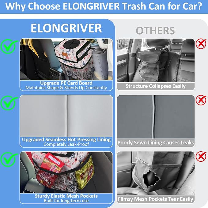 ELONGRIVER Car Trash Can Bin for Back Seat Leak Proof, Cute Car Trash Bag Hanging, Vehicle Trash Can for SUV Truck Van, Automotive Garbage Cans Front Seat Flamingos, 2 Gallons