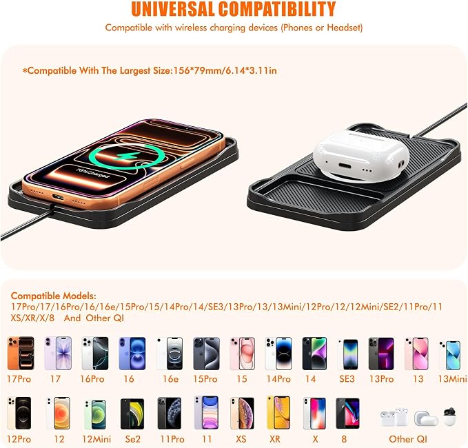 Wireless Car Charger,15w Fast Car Wireless Chargers Charging pad Non Slip Charger for Car Wireless Phone Charger for iPhone 17/16/15/14/13/12 Pro, SE3/SE2/XS/X/XR/8, 100cm Cable