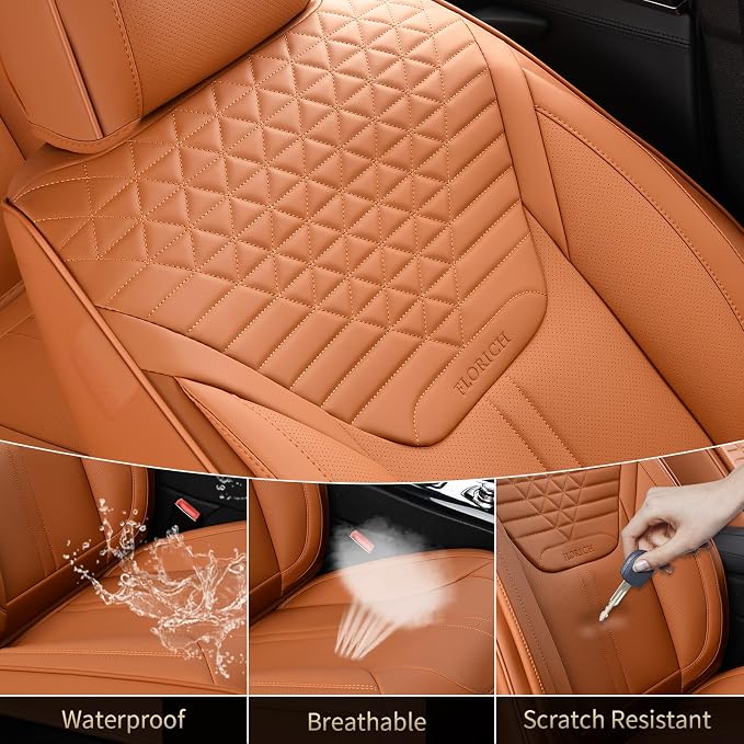 FLORICH Seat Covers, Car Seat Covers Full Set, Luxury Nappa Leather Seat Covers, Breathable and Waterproof Car Seat Protector 5 Seat, Automotive Seat Covers Universal Fit for Most Cars-Brown