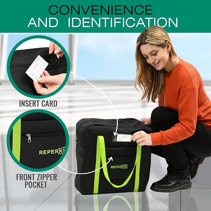 Reperkid Booster Seat Travel Bag for Airplane, Black and Green, 17" H x 16.5" W x 9.5" D, Compatible with Gb Pockit Stroller & Most Boosters– Premium Waterproof Cover, Hand Bag Design, Durable Zipper