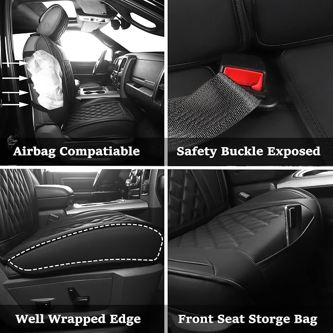 JOJOBAY Car Seat Covers for Dodge Ram,Fit 2009-2025 1500/2500/3500 HD Pick-up Truck,Crew,Regular,Quad,Mega Cab,Waterproof Synthetic Leather Seat Covers(2PCS-Front,Black)