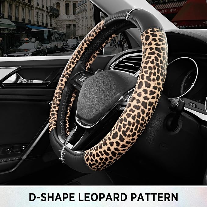 Road Comforts Leopard Steering Wheel Cover for Women, Cute Anti-Slip Microfiber Leather, Fits D Shape Flat Bottom Steering Wheel 14.5-15 Inch - Black
