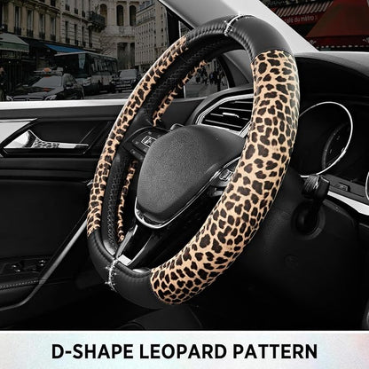 Road Comforts Leopard Steering Wheel Cover for Women, Cute Anti-Slip Microfiber Leather, Fits D Shape Flat Bottom Steering Wheel 14.5-15 Inch - Black