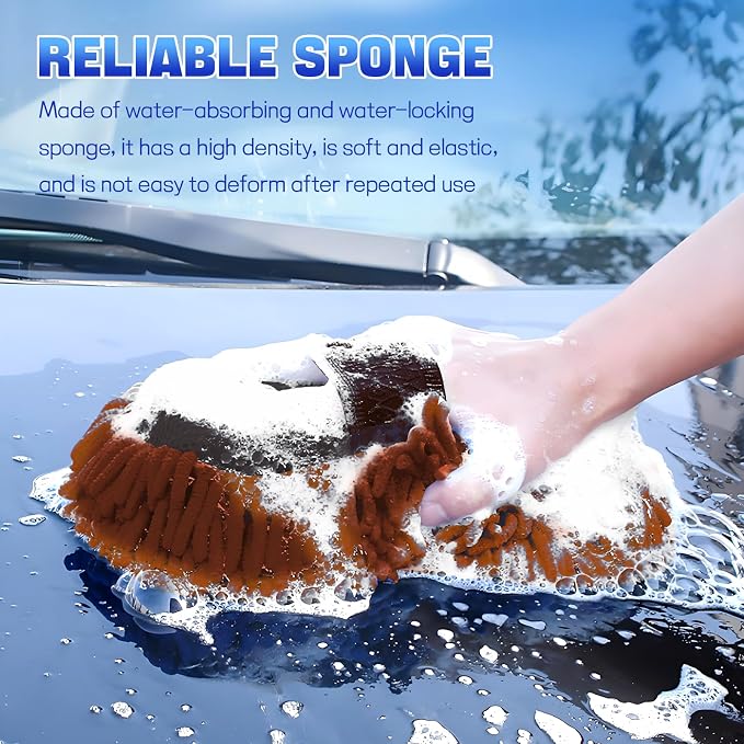2PCS Microfiber Car Wash Sponge, Double Sided Chenille Microfiber Car Wash Mitt, Scratch Free & Lint Free, Absorbent Automotive Washing Sponges, Auto Cleaning Supplies (Brown)
