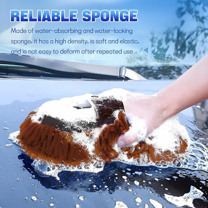 2PCS Microfiber Car Wash Sponge, Double Sided Chenille Microfiber Car Wash Mitt, Scratch Free & Lint Free, Absorbent Automotive Washing Sponges, Auto Cleaning Supplies (Brown)