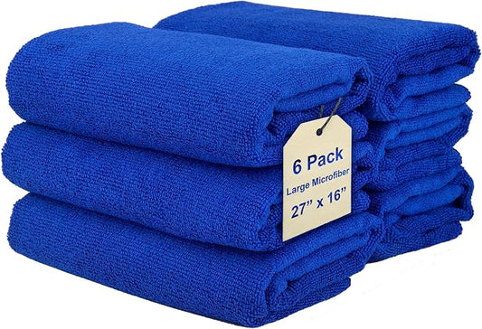 Cleaning Wash-Cloth Towels - Large 27" x 16" Microfiber Rags - Highly Absorbent, Lint Free Streak Free for House, Kitchen, Car, Window Detailing Reusable Shop Towels (6-Pack, Royal Blue)
