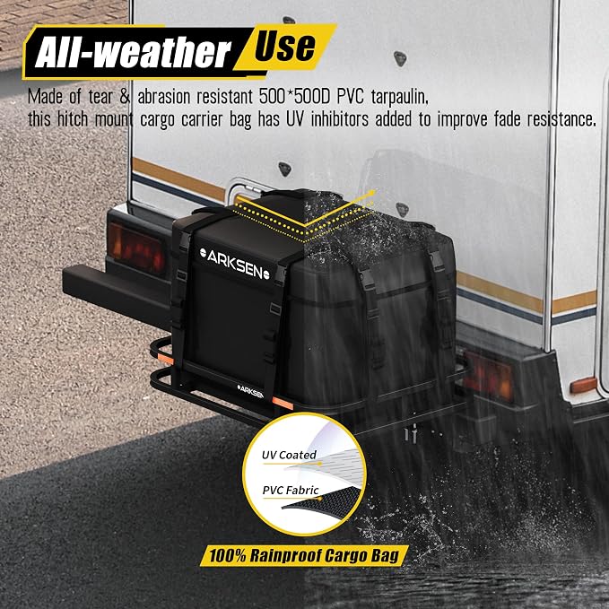 Arksen 8.9 Cu Ft Waterproof Hitch Cargo Carrier Bag – Fits 32 x 26 x 4 Inch Baskets (No Rack Needed), Large Storage for RV