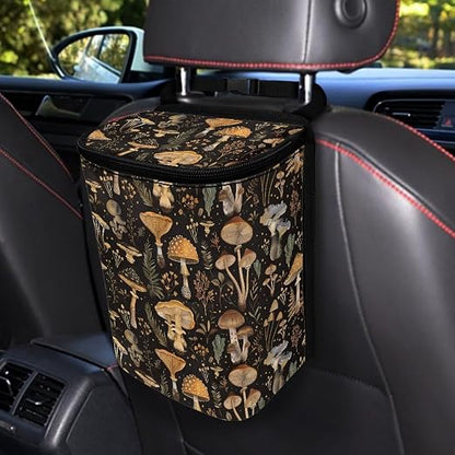 Talayituse Mushroom Leaf Print Car Trash Can, Portable Auto Garbage Bin Multifunctional Vehicle Interior Accessories with Adjustable Straps Universal Fit Truck SUV Sedan