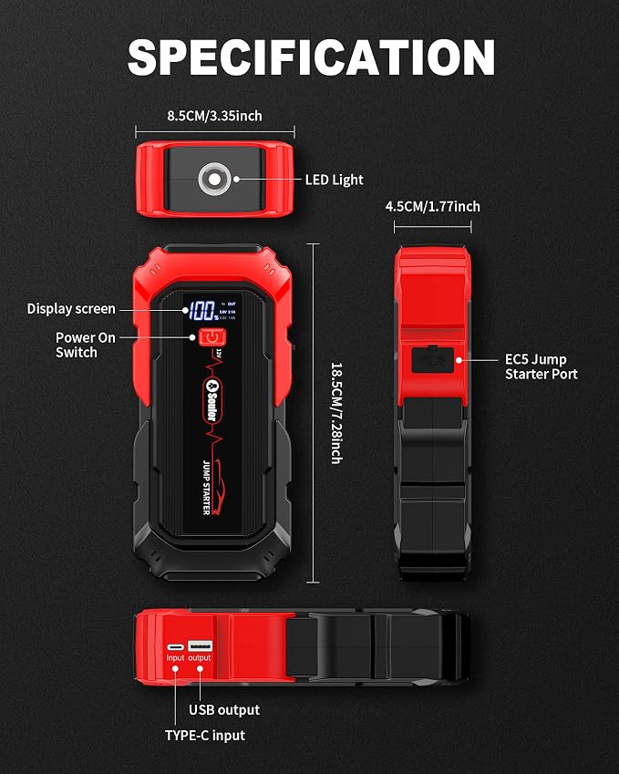 Jump Starter Battery Jumper Starter Portable Car Battery Jump Starter for Up tp All Gas & 12L Diesel, 12V 6000A Portable Jump Box with 3 Modes Flashlight and Jumper Cable