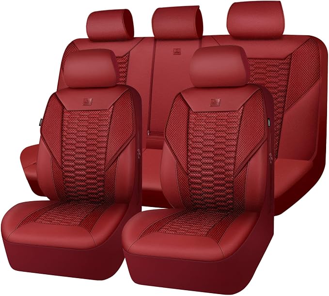 CAR PASS 3D Foam Mesh Leather Seat Covers Full Set, Wine Red Breathable Mesh Faux Leather Seat Covers for Car, Universal Fit for SUVs Vans Sedan Trucks Automotive,Armrest Airbag Compatible, Burgundy