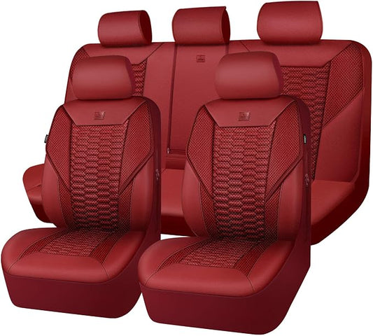 CAR PASS 3D Foam Mesh Leather Seat Covers Full Set, Wine Red Breathable Mesh Faux Leather Seat Covers for Car, Universal Fit for SUVs Vans Sedan Trucks Automotive,Armrest Airbag Compatible, Burgundy