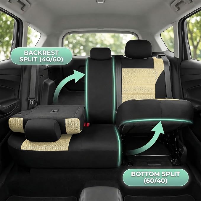FH Group Automotive Car Seat Covers Full Set Premium 3D Air Mesh Front Seat Covers, Airbag Compatible & Split Bench Cover Universal Fit Interior Accessories for Cars Trucks and SUVs - Beige