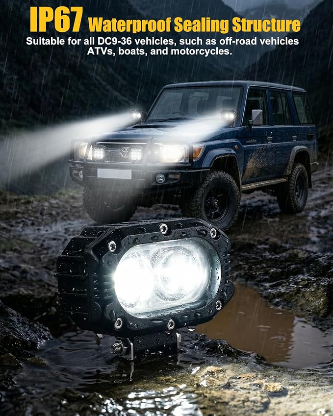 4 Inch LED Pods Driving Lights, 48W Rectangle Offroad Lights Cube Spotlights with Amber&White DRL, 120° Combo Beam 3 Modes LED Auxiliary Lights with Wiring Harness for Trucks SUV ATV UTV Motorcycle