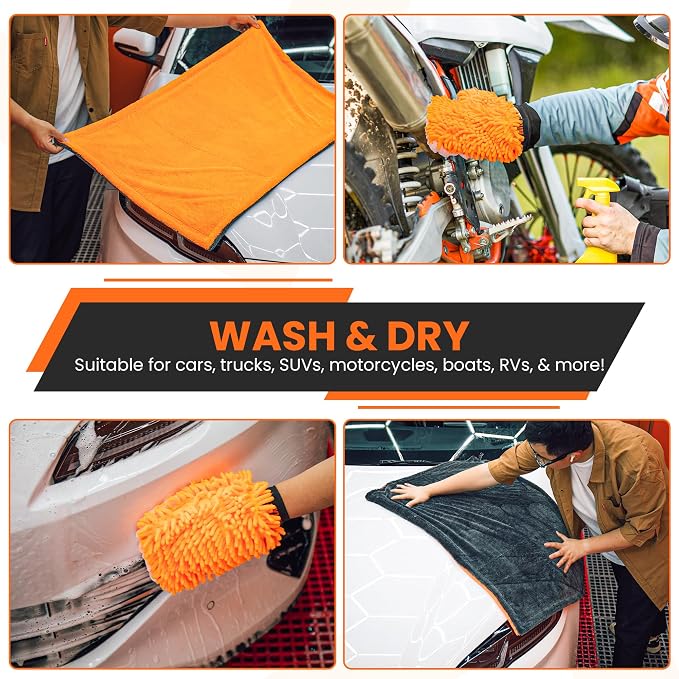 24"x36" Twisted Loop Car Drying Towel & Wash Mitt | 1200GSM Ultra Thick & Absorbent Detailing Towels | Large Microfiber Cleaning Cloth for Washing & Polishing | Micro Fiber Rags for Car Care