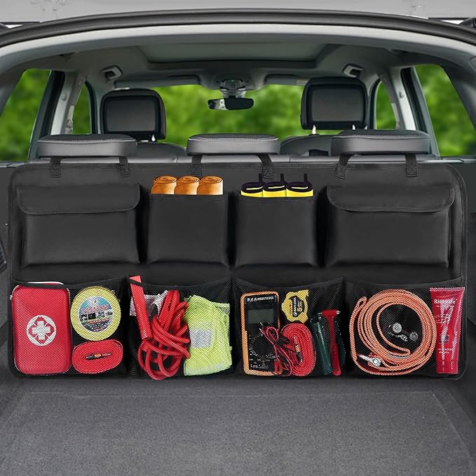 Car Backseat Hanging Trunk Organizer Extra-Long, 30% More Storage, 8 Large Pockets Car Storage Bag for SUV, Truck, Van – Super Capacity SUV Hanging Organizer for a Neat & Clutter-Free Space - Black