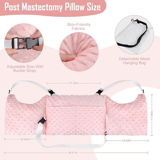 Post-Surgery Mastectomy Heart Chest Pillow with Pockets, Pink Comfort
