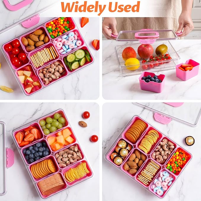 Snackle Box Container, Dishwasher Safety - Divided Serving Tray with Lid and Handle, Charcuterie Board for Portable Snack Platters - Organizer for Fruits Snacks - Perfect for Road Travel Party - Pink