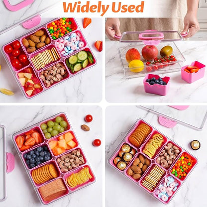 Snackle Box Container, Dishwasher Safety - Divided Serving Tray with Lid and Handle, Charcuterie Board for Portable Snack Platters - Organizer for Fruits Snacks - Perfect for Road Travel Party - Pink