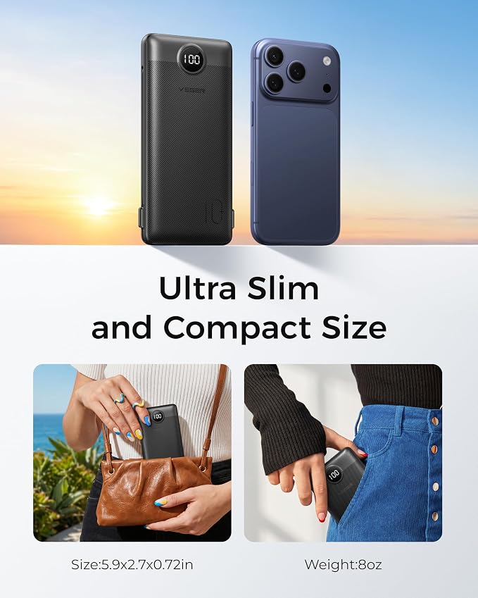 VEGER Portable Charger Power Bank with Built-in AC Plug and Cables, All in One 10000mAh Ultra Slim Travel Essentials, Fast Charging Battery Pack Compatible with iPhone, Samsung, Android, Black