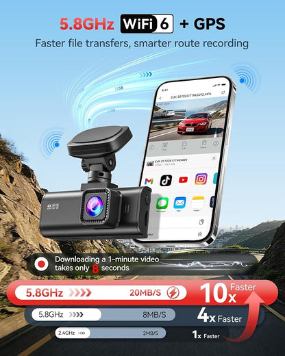 REDTIGER F7N-N 4K Front and Rear Dash Cam, 5.8GHz WiFi-20 MB/s Fast Transfer with APP, 2160P/FHD Car Dash Camera with Precise GPS, WDR, 3.18" Screen, Night Vision, 24H Parking Mode(No Card Included)